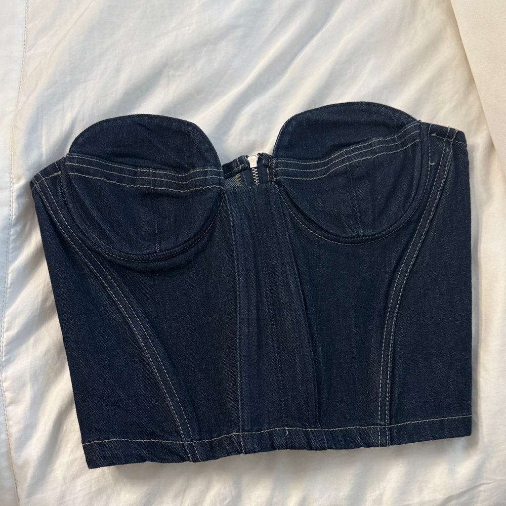 Zara Navy Denim Bustier Top